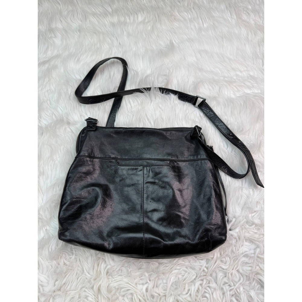 Hobo Black Leather Crossbody Bag Metallic Sheen Gunmetal Hardware